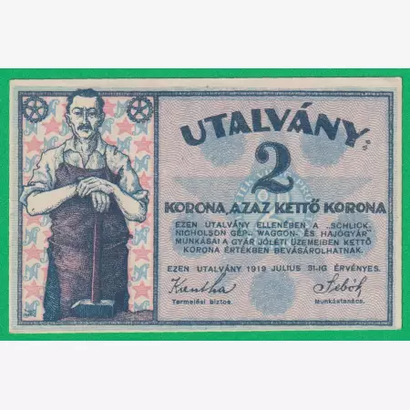 Schlick Nicholson Gép, Vagon és Hajógyár 2 Korona utalvány 1919.