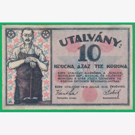 Schlick Nicholson Gép, Vagon és Hajógyár 10 Korona utalvány 1919.