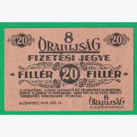 8 Óraiújság FizetésiJegye  1919. 20 Fillér