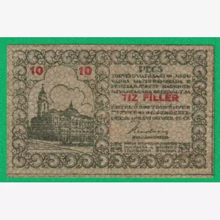 Pécs város Pénztárjegye 10 Fillér 1919.