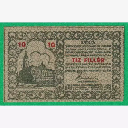 Pécs város Pénztárjegye 10 Fillér 1919.