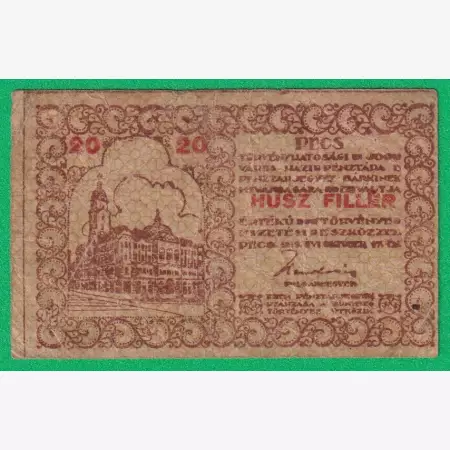 Pécs város Pénztárjegye 20 Fillér 1919.