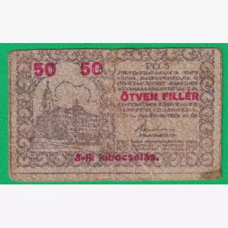 Pécs város Pénztárjegye 50 Fillér 1919.