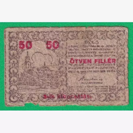 Pécs város Pénztárjegye 50 Fillér 1919.