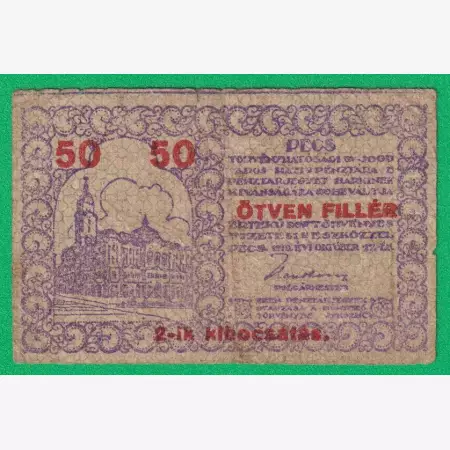 Pécs város Pénztárjegye 50 Fillér 1919.