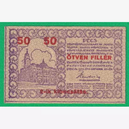 Pécs város Pénztárjegye 50 Fillér 1919.