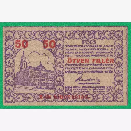 Pécs város Pénztárjegye 50 Fillér 1919.