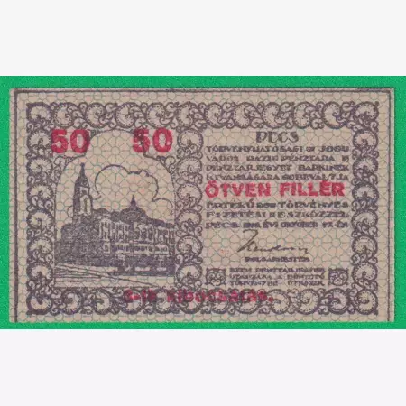 Pécs város Pénztárjegye 50 Fillér 1919.
