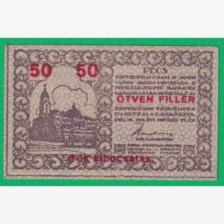 Pécs város Pénztárjegye 50 Fillér 1919.