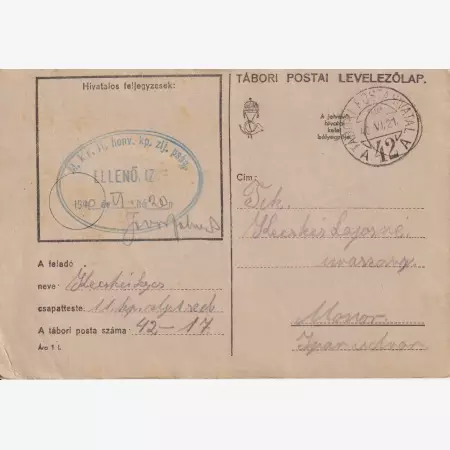 Tábori Posta 1940. A 42 A M.kir. II.honv.kp. Zlj. Pk.