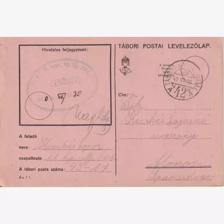 Tábori Posta 1940. A 42 A M.kir. II.honv.kp. Zlj. Pk.