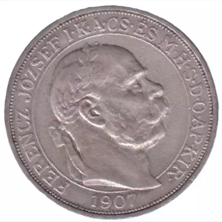 5 Korona 1907. Feren J.40. koronázási jub. Fordított perem felírat (L)