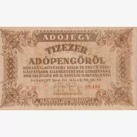 Adójegy 10.000 Adópengőről 1946.  D 23 vizjel