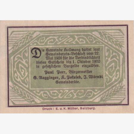 Hallwang 10 heller 1920. Hallwang 10 heller 1920.