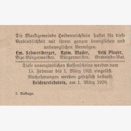 Heidenreichstein 10 heller 1920. 2.kiadás