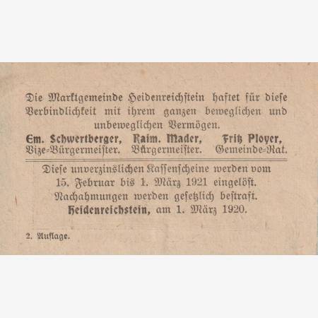 Heidenreichstein 20 heller 1920. 2.kiadás