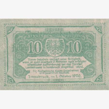 Innsbruck landes Kassen 10 heller 1920. Innsbruck landes Kassen 10 heller 1920.