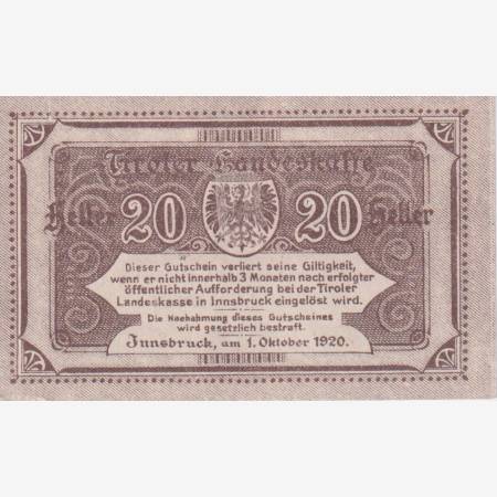 Innsbruck landes Kassen 20 heller 1920.