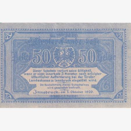 Innsbruck landes Kassen 50 heller 1920. Innsbruck landes Kassen 50 heller 1920.
