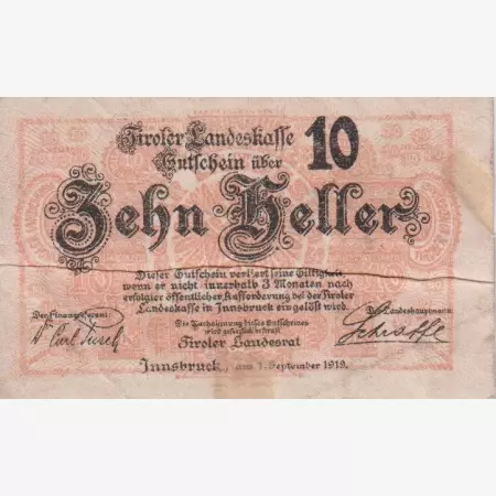 Innsbruck landes Kassen 10 heller 1919.