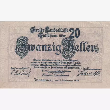 Innsbruck landes Kassen 20 heller 1919.