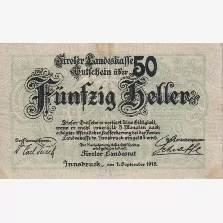 Innsbruck landes Kassen 50 heller 1919.