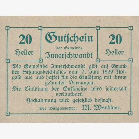 Innerschwandt 20 heller 1920.