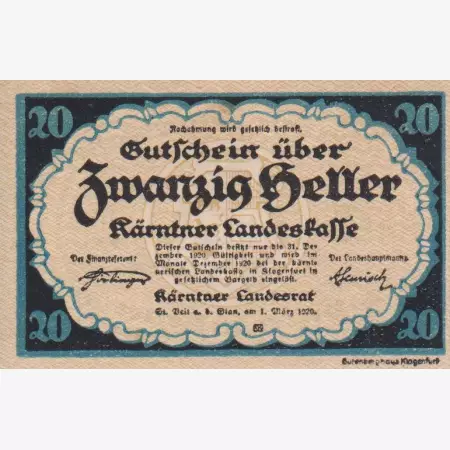Kärntner Landeskasse 20 heller 1920.