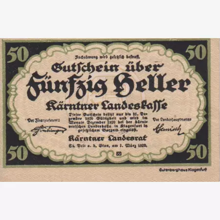 Kärntner Landeskasse 50 heller 1920.