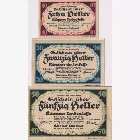 Kärntner Landeskasse 10, 20, 50, heller 1920.