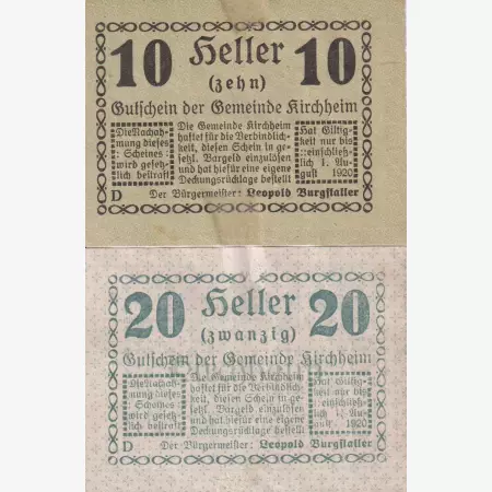 Kircheim 10 és 20 heller 1920.