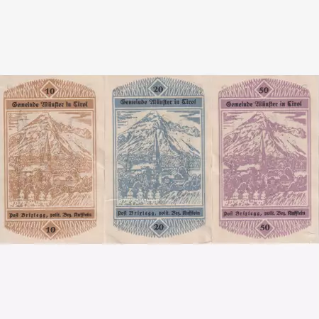 Münster in Tirol 10, 20, 50 heller 1920.