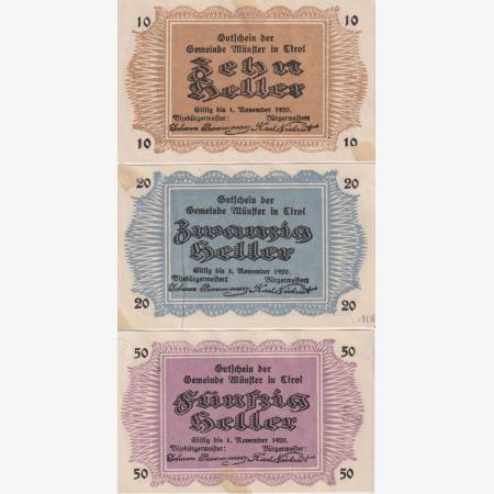 Münster in Tirol 10, 20, 50 heller 1920. Münster in Tirol 10, 20, 50 heller 1920.