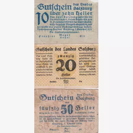 Salzburg 10, 20, 50 heller 1919.