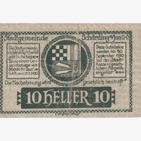 Schärding 10 heller 1920. Schärding 10 heller 1920.