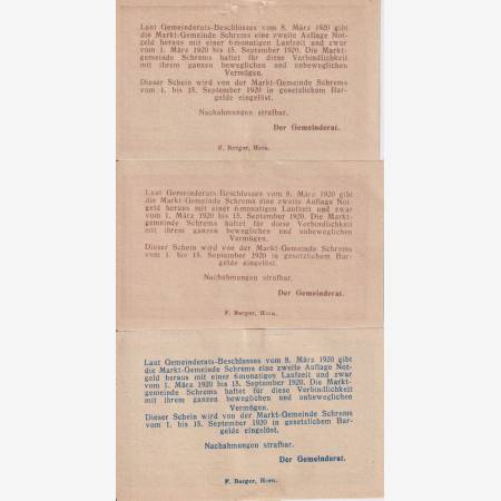 Schrems 10, 20, 50 heller 1920. Schrems 10, 20, 50 heller 1920.