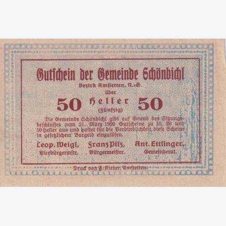 Schönbichl 50 heller 1920. Schönbichl 50 heller 1920.