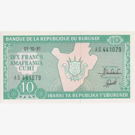 Burundi 10 francs 1991.   P 33b   (L)
