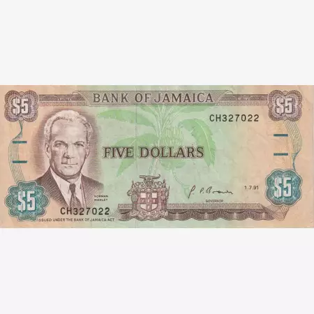 Jamaika 5 dollár 1991.   P 70d