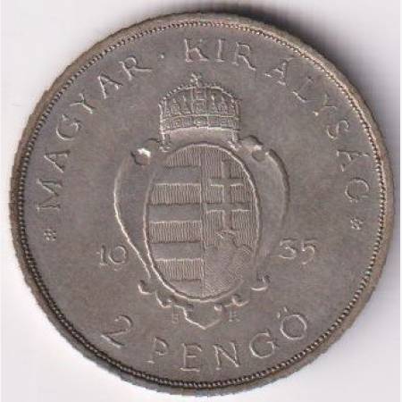 2 Pengő 1935. Pázmány Ezüst 640 10g 27mm 2 Pengő 1935. Pázmány Ezüst 640 10g 27mm