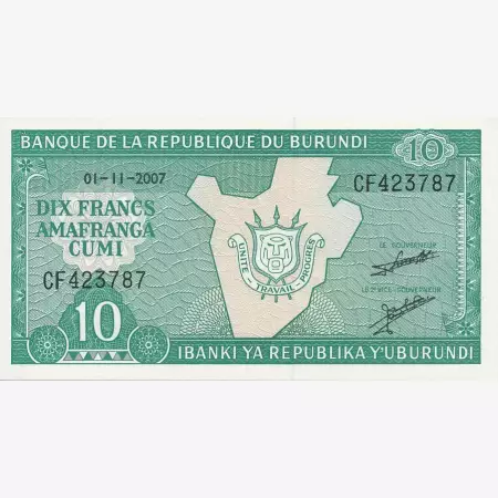 Burundi 10 francs 2007.  P 33e   (N)